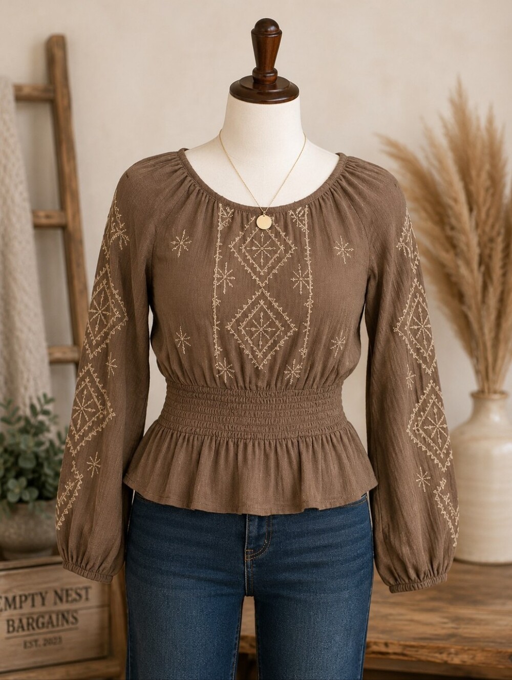 In Loom Brown Embroidered Boho Peasant Top NWT Size M